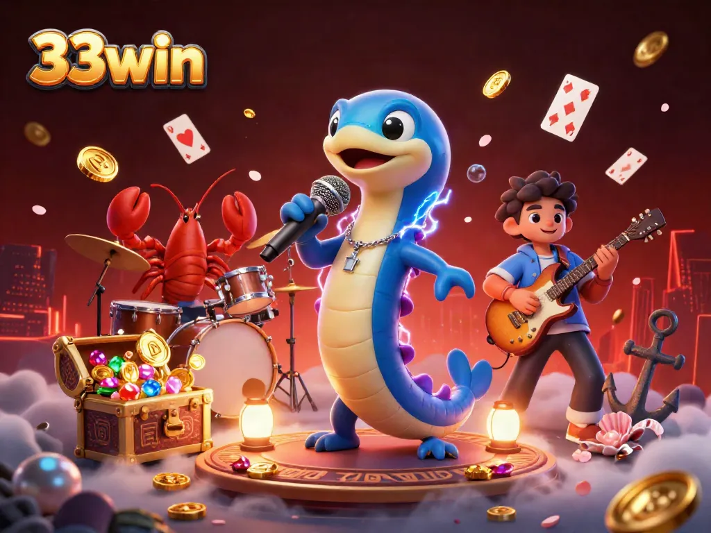 33win engages players in an exciting underwater casino concert featuring a DJ eel, lobster drummer, and seahorse guitarist.