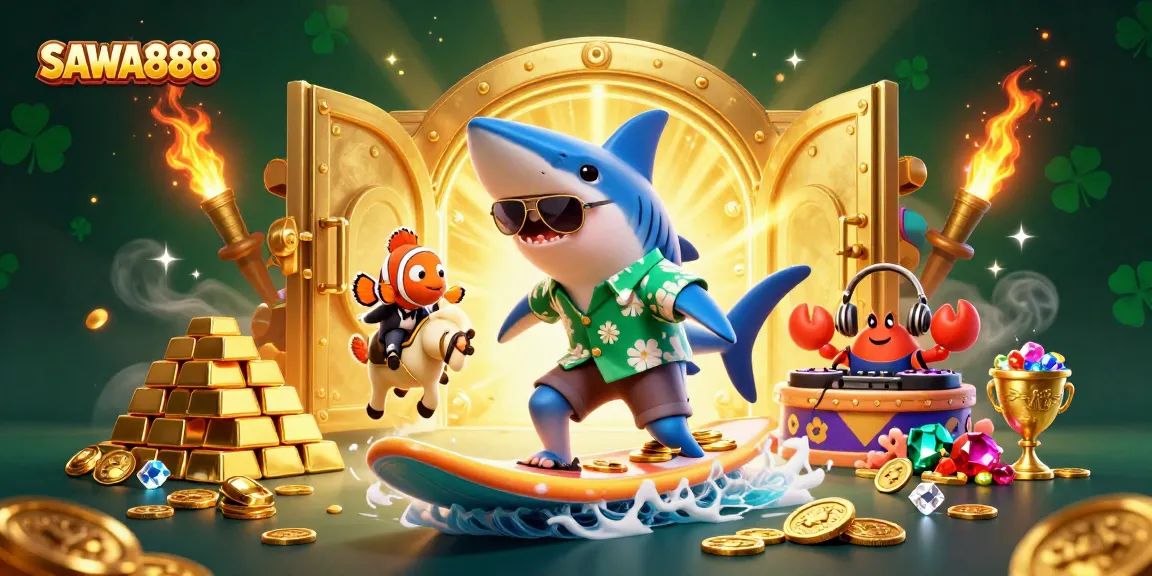Experience thrilling gameplay at SAWA888 with vibrant characters surfing on a wave of gold coins.