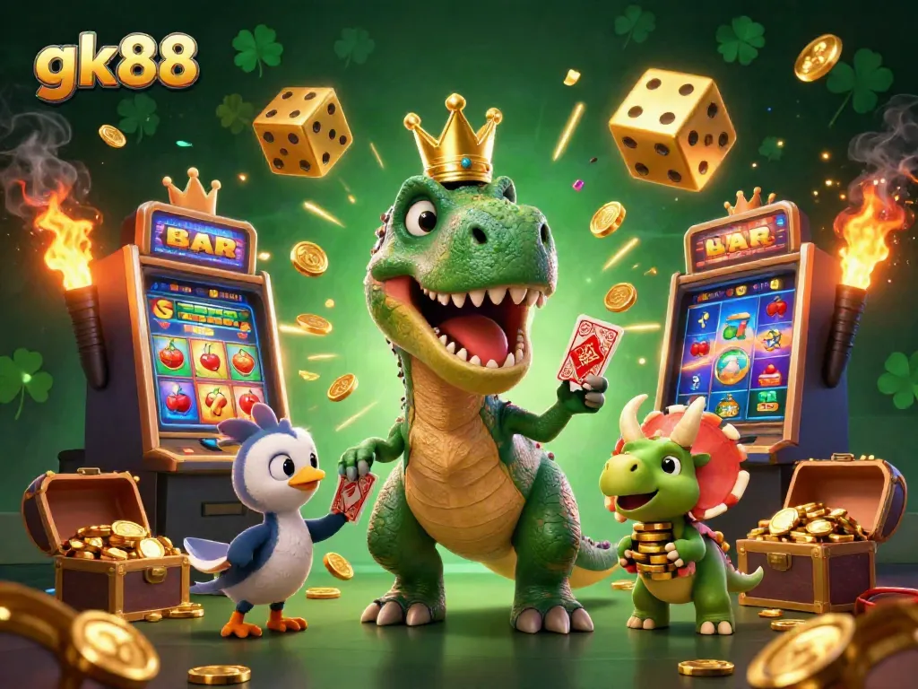 Engage in thrilling gameplay at gk88 with T-Rex card shuffling, vibrant 3D casino scene.