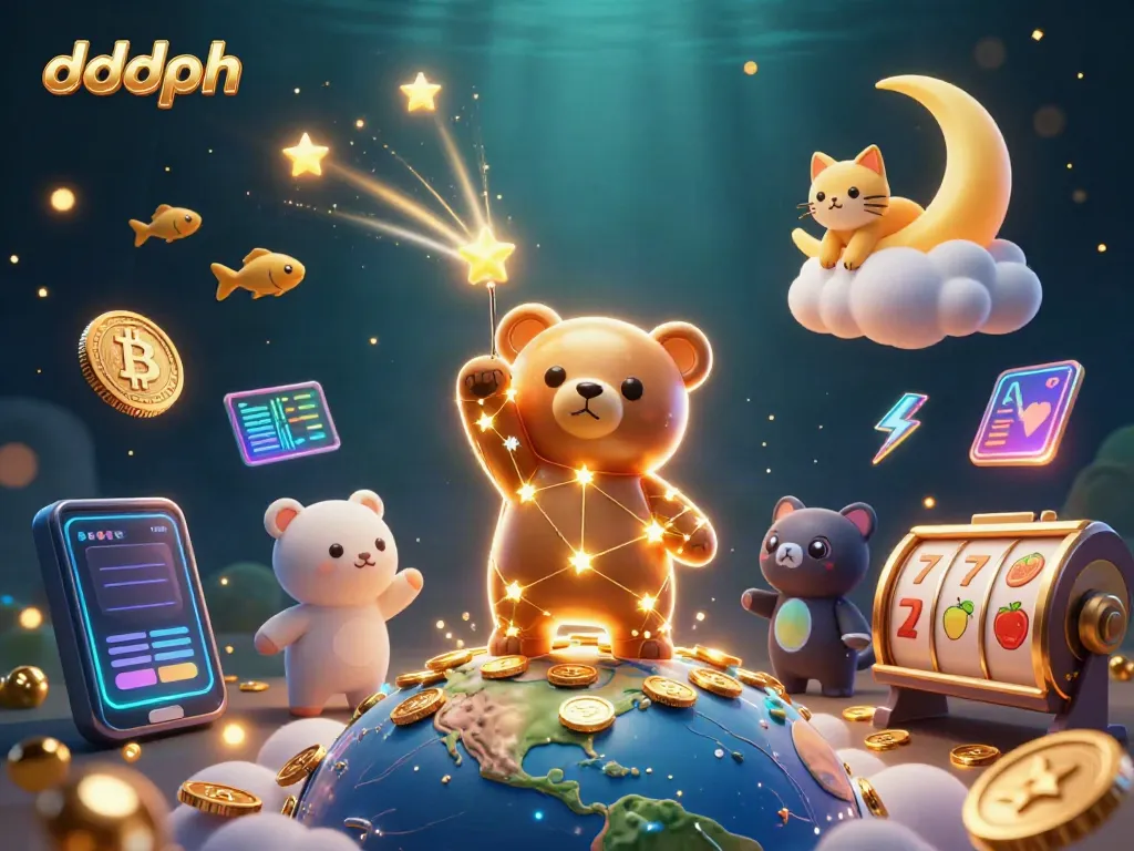 Experience the thrill of dddph with a constellation bear scooping up coins amidst rich slot game elements.