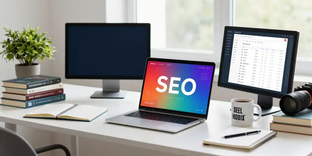 Digital marketer analyzing instant indexing strategies in a vibrant workspace.