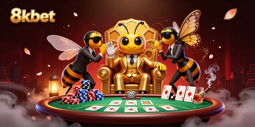 Engage with thrilling 8xbet moments featuring a bumblebee mob boss at a vibrant poker table.