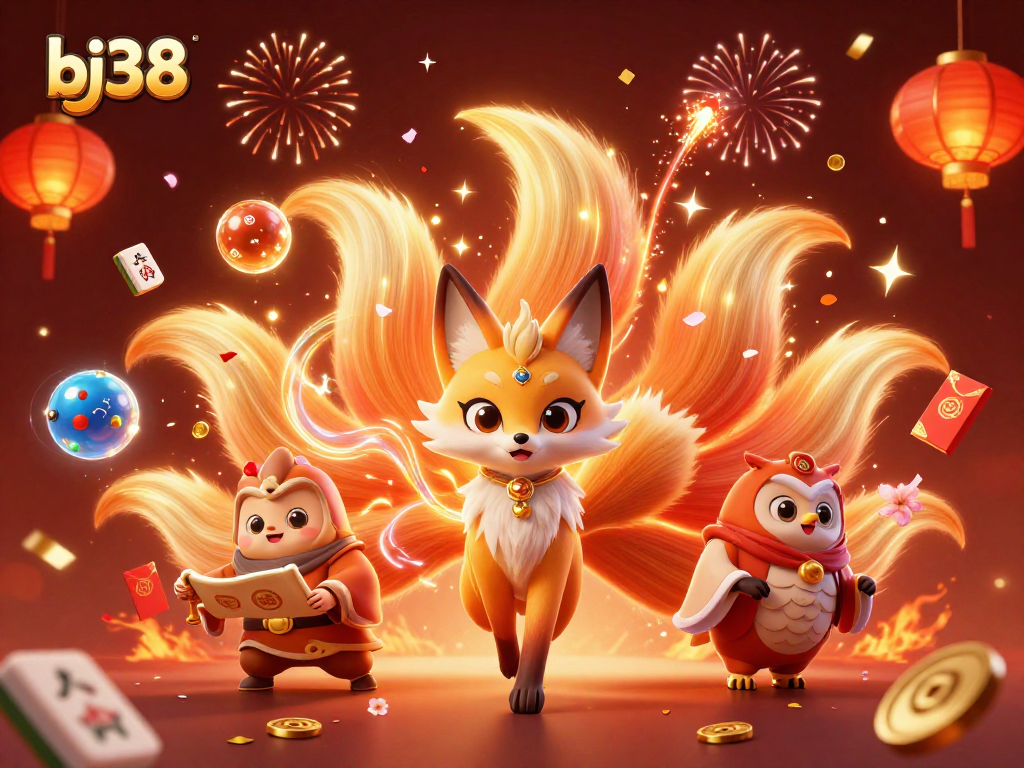 Experience the magic of bj38 with a vibrant 3D illustration depicting festive gaming elements and characters.