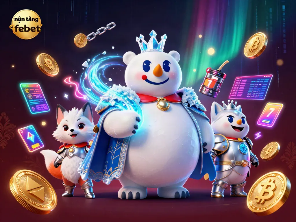 Engage with the vibrant ن nền tảng febet casino scene featuring 3D ice king and fox characters amidst glowing cryptocurrencies and dynamic slot elements.