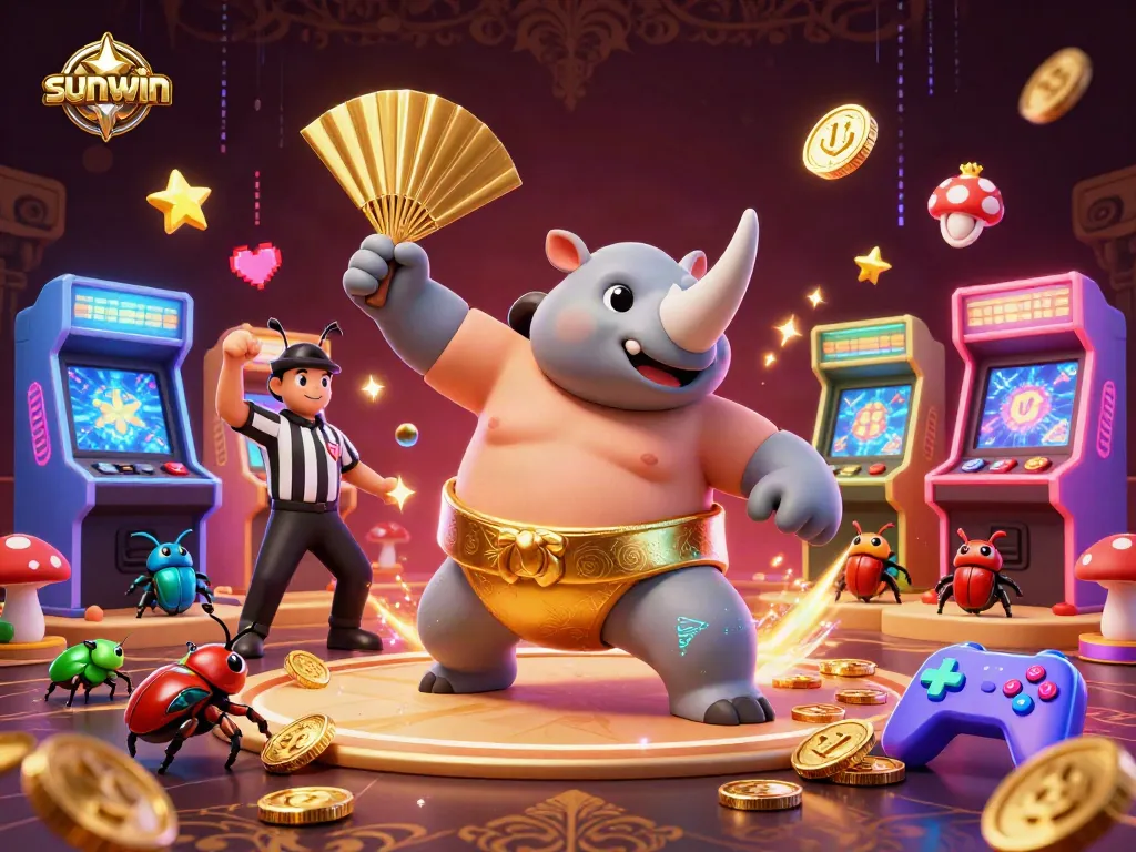Experience the thrill of sunwin as the beetle champion stomps coins in this vibrant casino scene.
