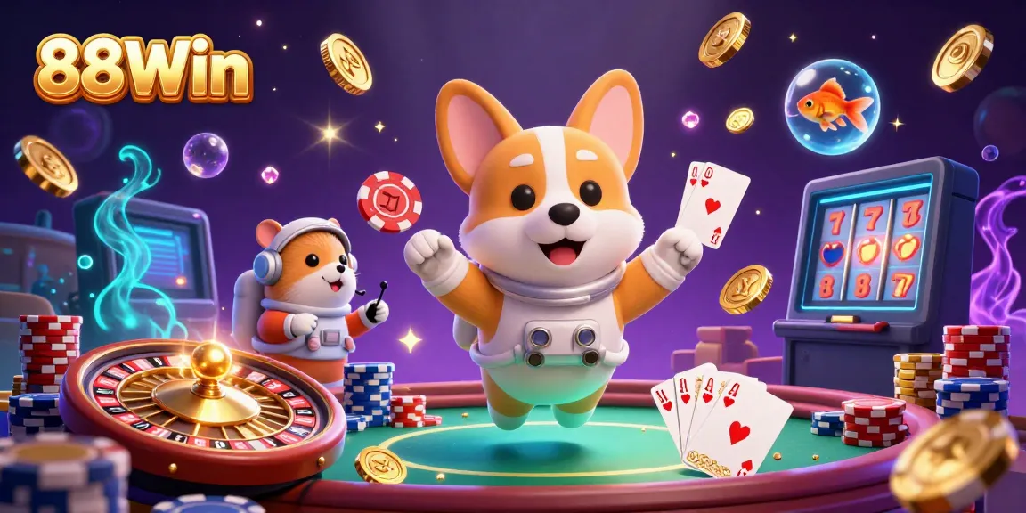 Engage with thrilling casino excitement at 88Win as a cartoon astronaut corgi and friends float in a space casino.