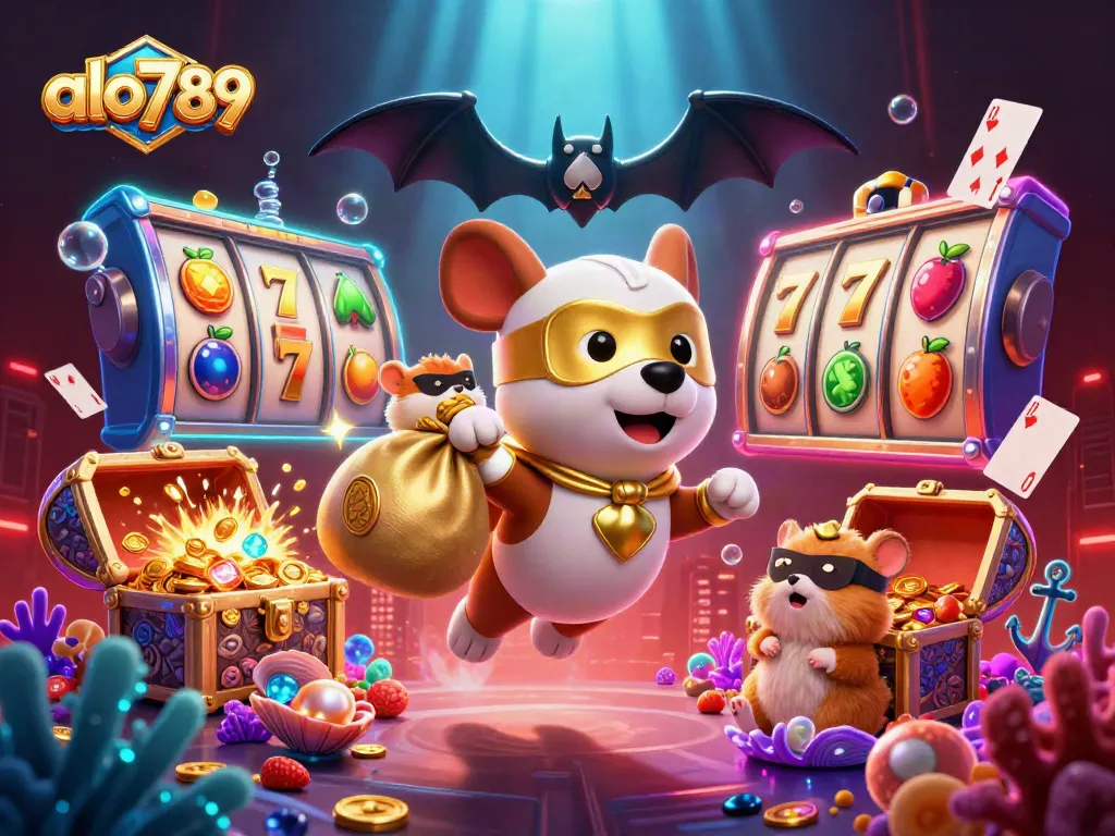 Win big with alo789 as a superhero dog delivers gold coins in a vibrant casino world.