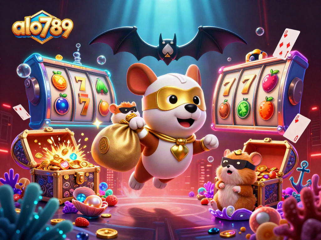 Win big with alo789 as a superhero dog delivers gold coins in a vibrant casino world.