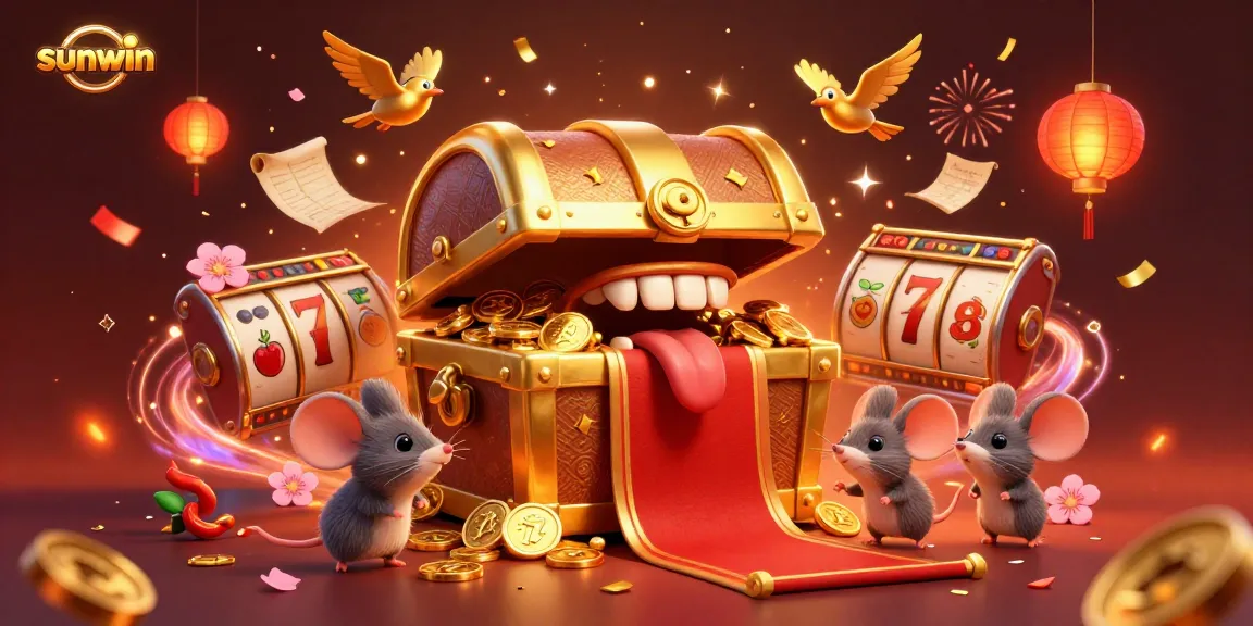 Experience winnings at sunwin with vibrant slot reels and a treasure chest luring players in.