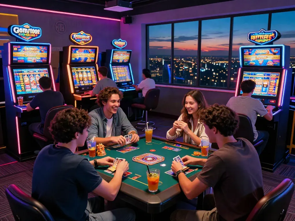 Exciting gaming hub at http://gem88-mobile.com with friends playing card games and slots in vibrant casino atmosphere.