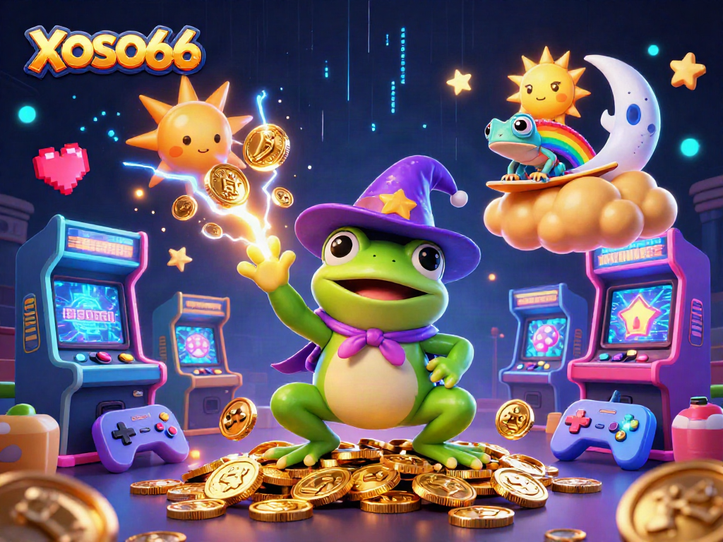 XOSO66 features a wizard frog and chameleon in a vibrant casino-themed scene with coins raining down.