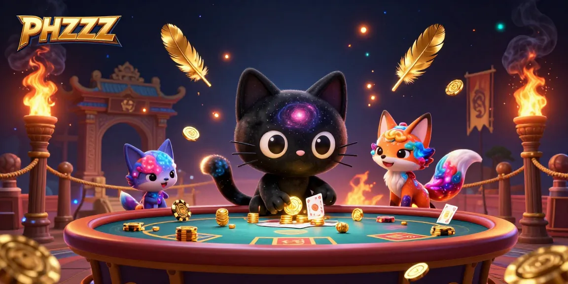 Experience the PHZZZ casino with a cosmic vortex, gold chips, and vibrant characters.