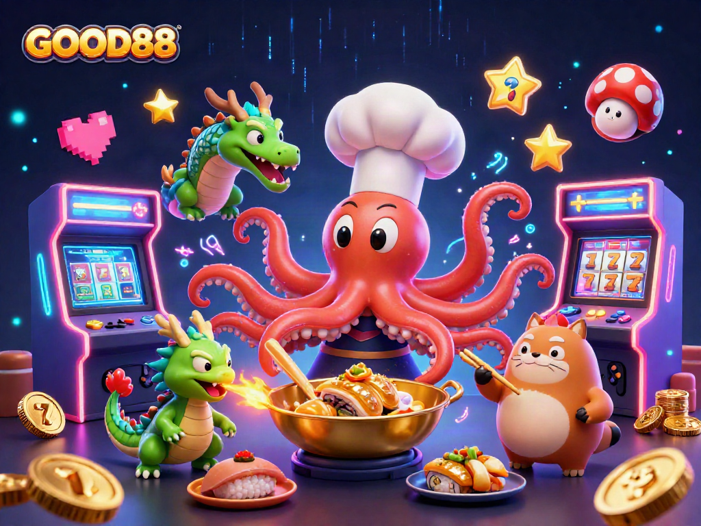 Engage with GOOD88 in a vibrant casino scene featuring culinary characters and gaming elements.