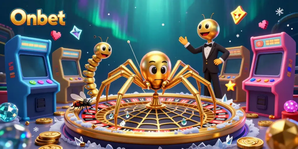 Experience Onbet's thrilling gaming with a golden spider dealer and colorful arcade machines.
