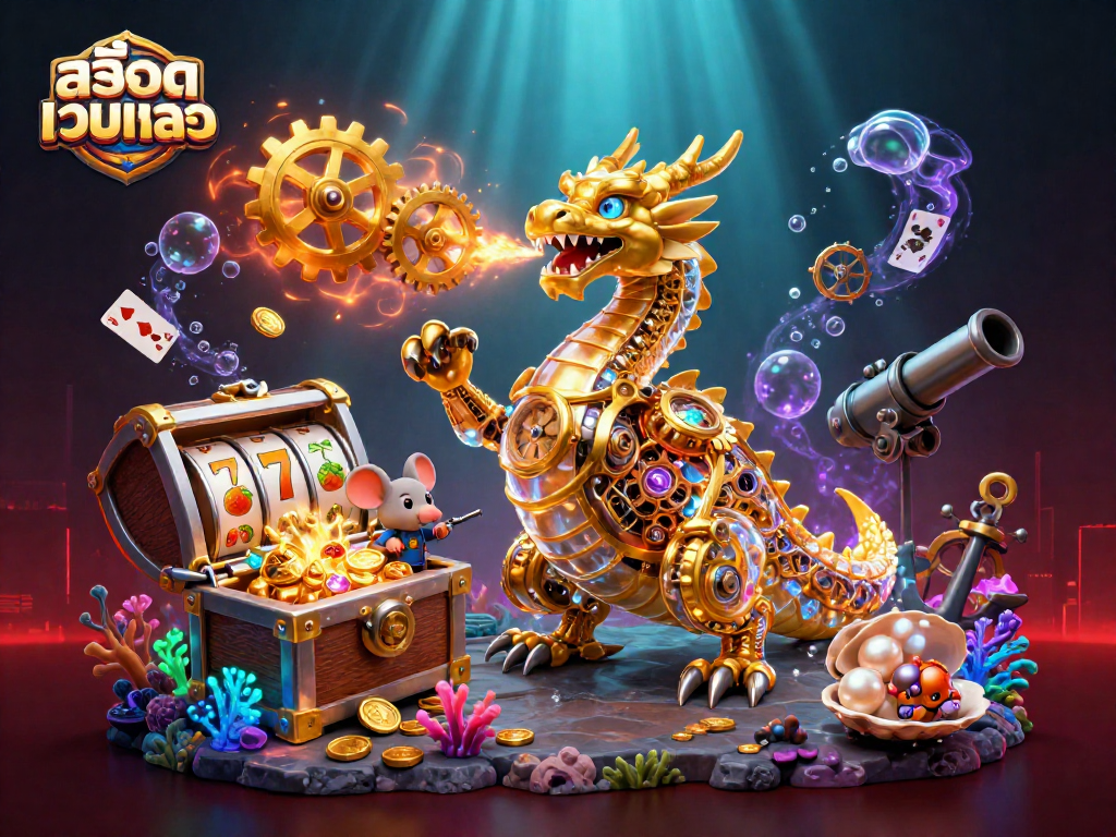 Experience immersive gaming with the captivating สล็อตเว็บตรง scene featuring a golden dragon and treasures.