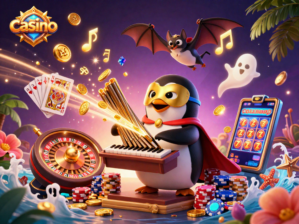 Engaging scene from a casino featuring a penguin playing an organ as golden coins cascade.