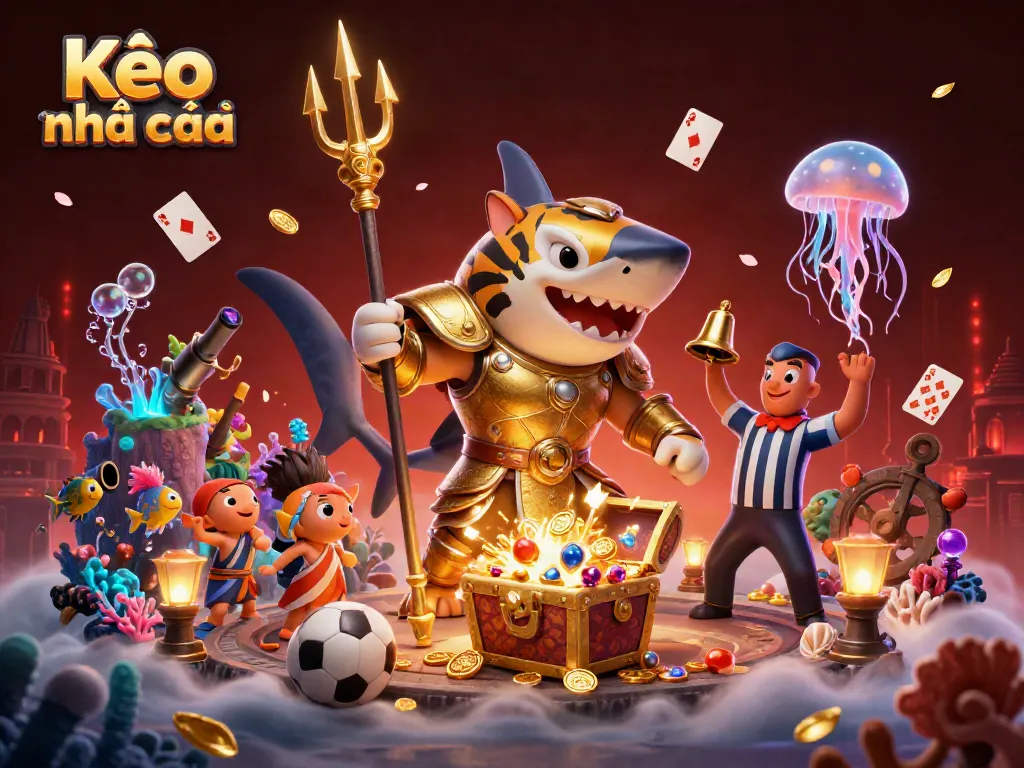 Kèo nhà cái showcases a dynamic underwater betting scene with a gladiator shark leading exciting sports wagering elements.