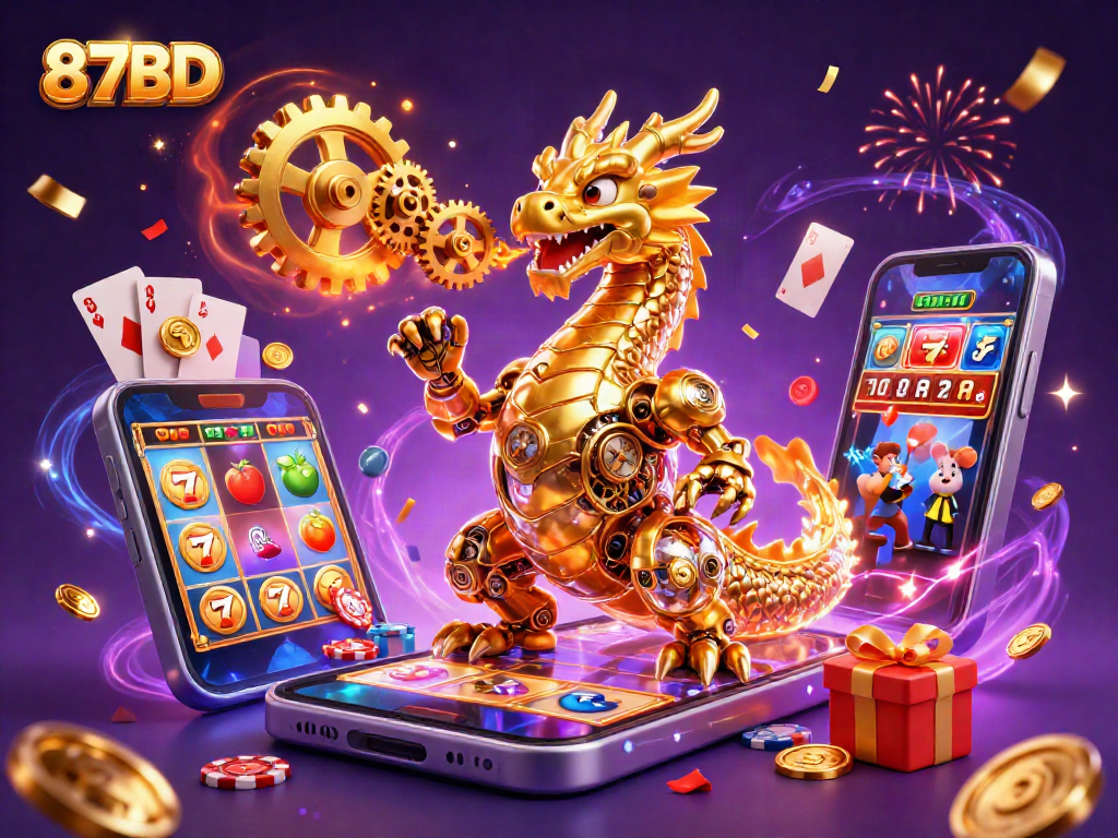 Experience thrilling gameplay at 87BD as a golden dragon breathes gears amid vibrant slot elements.