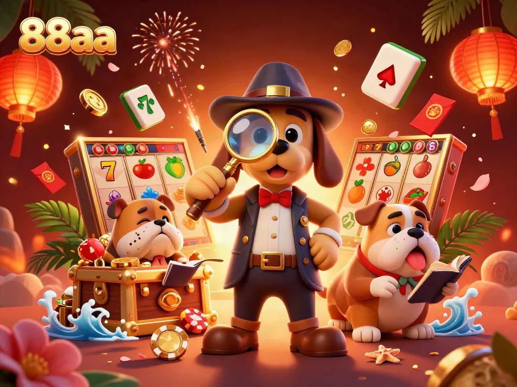 Engage with 88aa in this vibrant casino scene as the detective inspects golden poker chips filled with excitement.