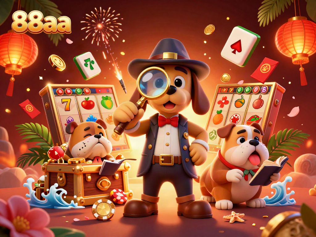 Engage with 88aa in this vibrant casino scene as the detective inspects golden poker chips filled with excitement.