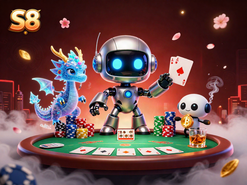 Experience S8 casino action with vibrant robots, poker chips, and thrilling game elements.