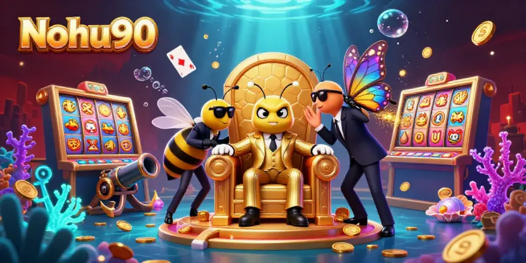 Engage with Nohu90's exciting casino scene featuring thrilling elements like slot reels and vibrant characters.