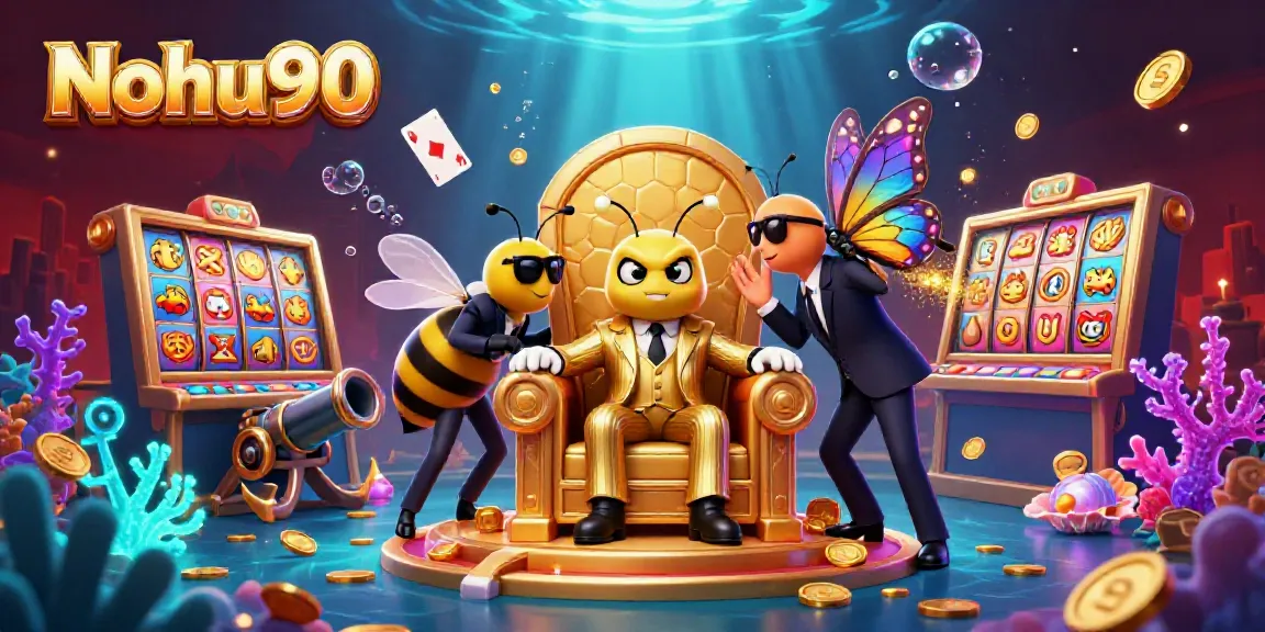 Engage with Nohu90's exciting casino scene featuring thrilling elements like slot reels and vibrant characters.