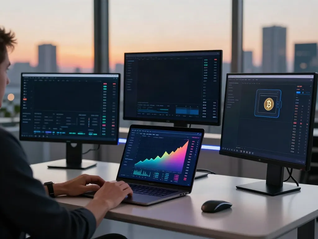 Instagram profile featuring a modern crypto trading setup with multiple screens displaying Bitcoin trading charts and DeFi dashboard.