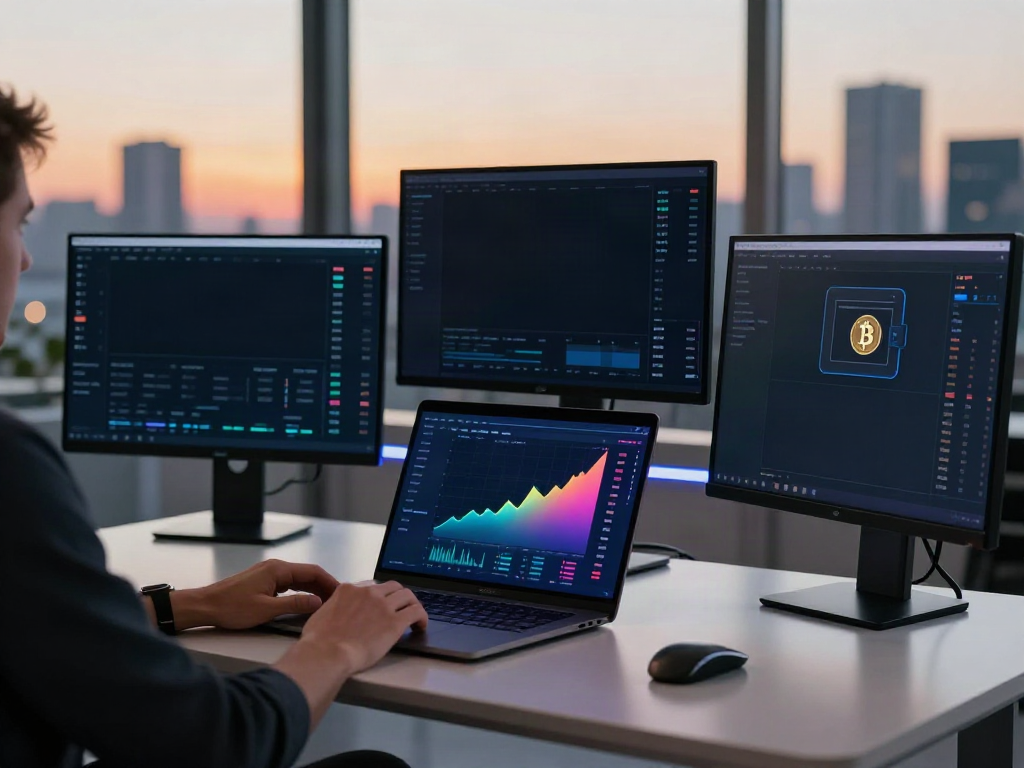 Instagram profile featuring a modern crypto trading setup with multiple screens displaying Bitcoin trading charts and DeFi dashboard.