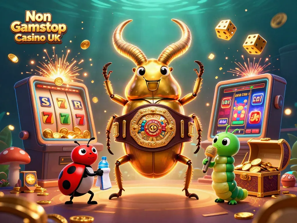 Engaging scene featuring Non Gamstop Casino UK with vibrant characters, slot machine, and casino-themed elements.