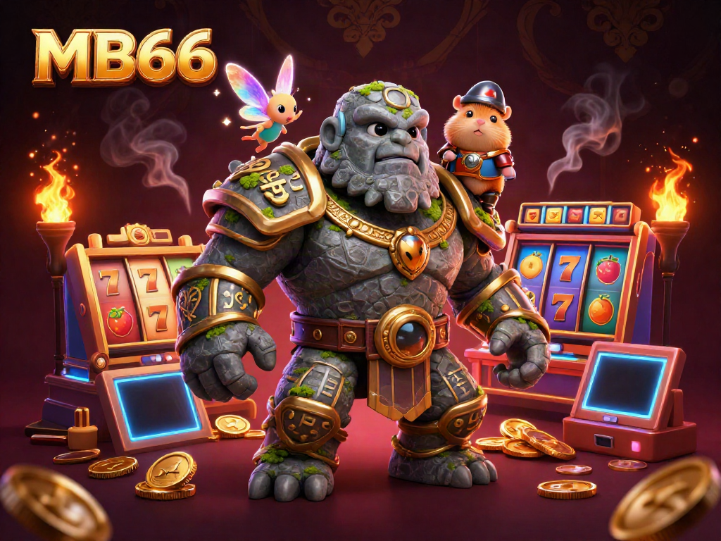 Spin the reels at MB66 with a magical golem, fairy, and hamster knight in the vibrant casino scene.