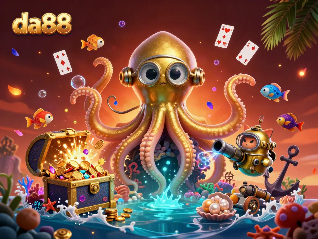 Engage with da88 using thrilling underwater casino adventure, showcasing a cartoon kraken and diving cat.