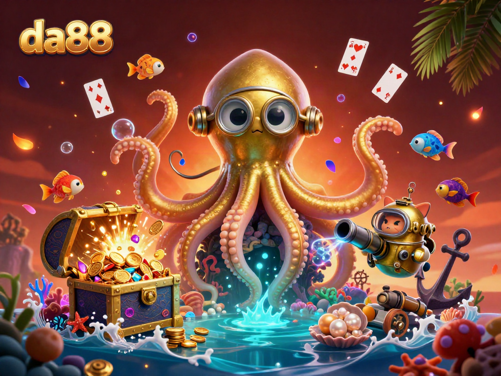 Engage with da88 using thrilling underwater casino adventure, showcasing a cartoon kraken and diving cat.