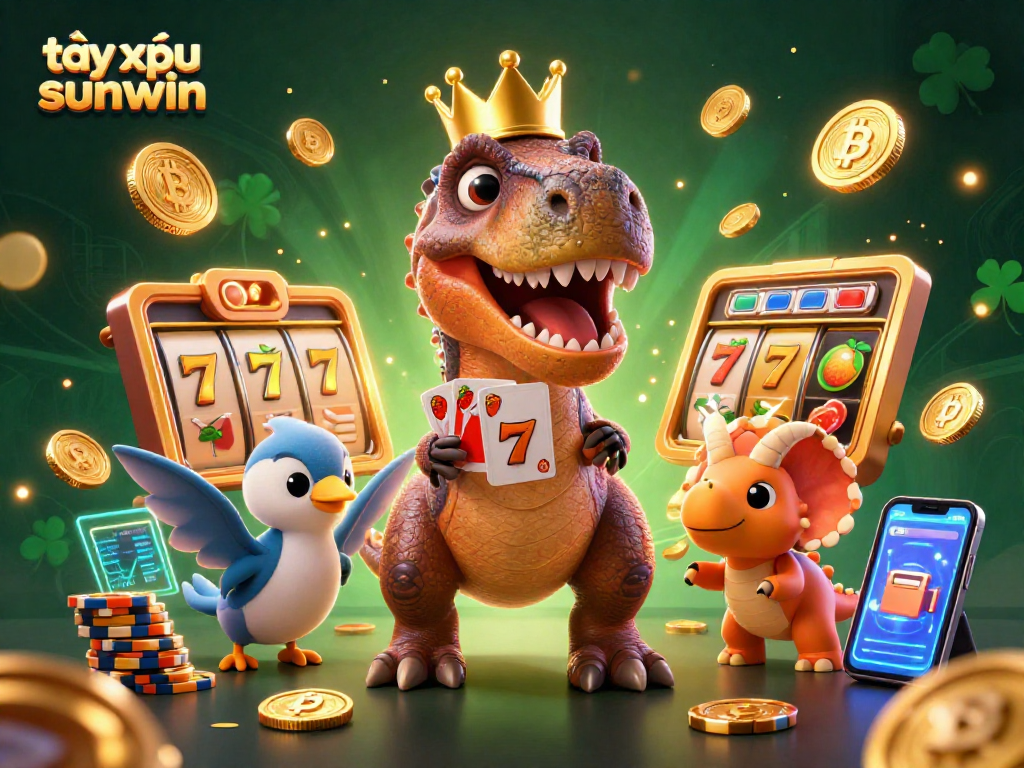 Experience the thrill of tài xỉu sunwin with a T-Rex dealing cards and a baby triceratops stacking chips.
