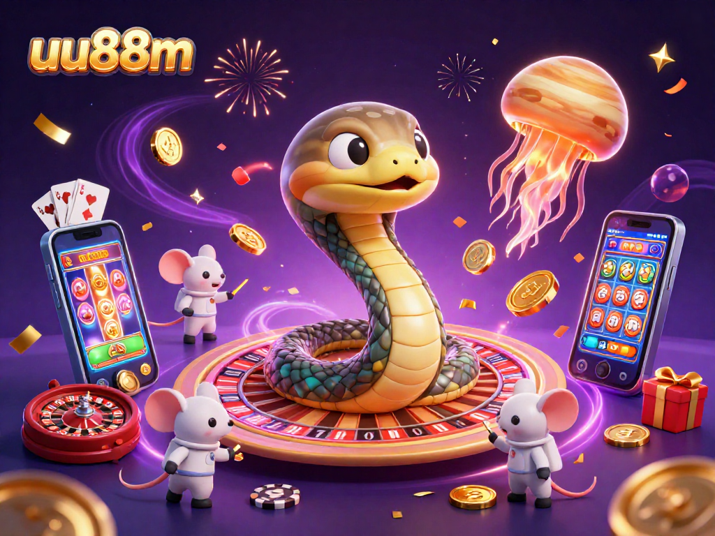 Engage in thrilling bets at uu88m with a cosmic roulette scene featuring playful astronaut mice and an enchanting cosmic dealer.