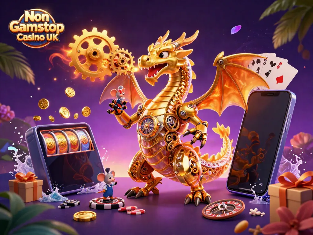 Engage with the vibrant scene of a Non Gamstop Casino UK, featuring a golden dragon and gaming elements.