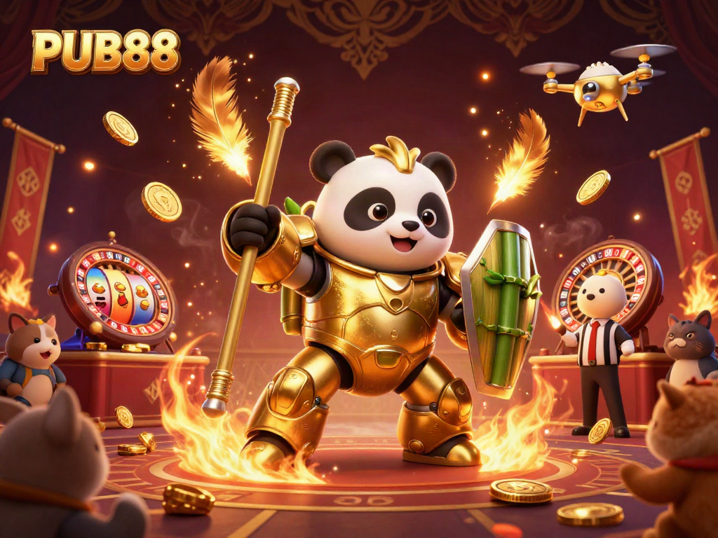 Spin into action with PUB88's vibrant casino arena featuring a golden panda in combat.
