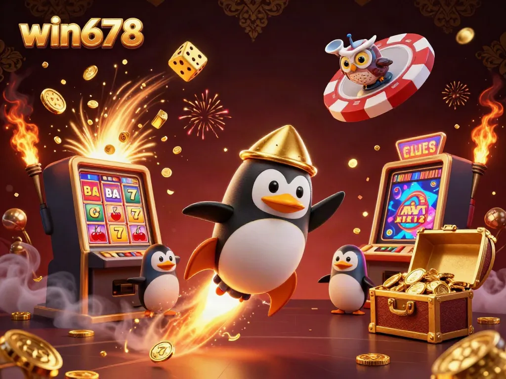 Win678's vibrant 3D illustration showcasing a golden penguin, slot machines, and casino elements bursting with energy.