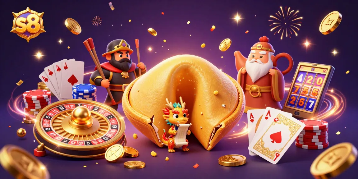 S8 presents a vibrant 3D illustration with a golden fortune cookie, wise dragon, and casino elements like roulette wheels and cards