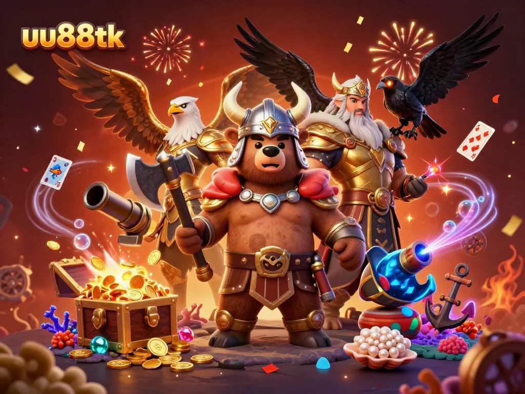 Experience the thrilling energy of uu88tk with Viking characters and casino elements in a vibrant 3D scene.