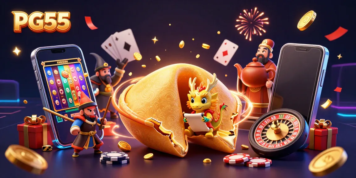 Experience fortune and excitement with PG55 in this dynamic gambling-themed illustration.