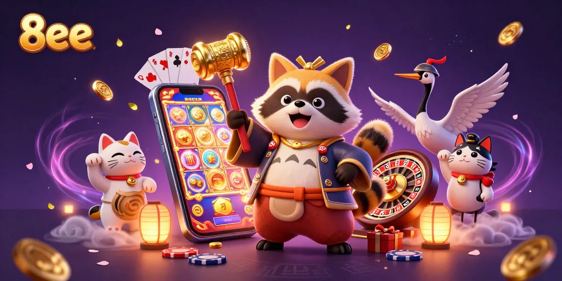 Experience 8eee with a vibrant 3D illustration showcasing the excitement of casino gaming.