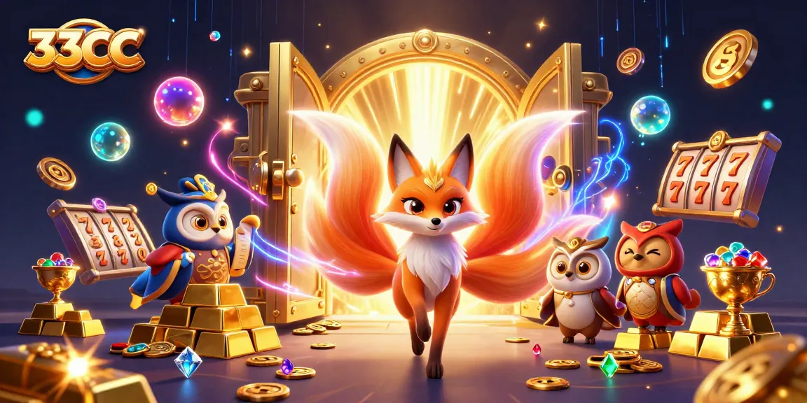 Experience thrilling wins at 33CC with vibrant gaming visuals, featuring golden treasures and dynamic slot reels.