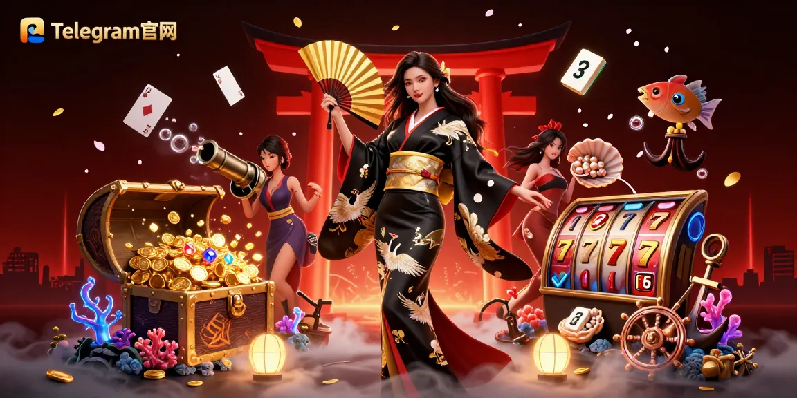 一幅引人入胜的插图，展示了一位优雅的亚洲女性，在充满动态游戏元素的生动赌场场景中展示Telegram官网