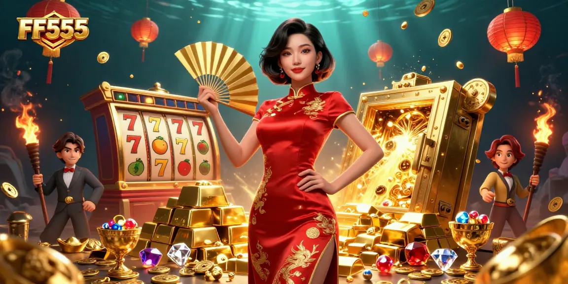 Experience the excitement of FF555 with vibrant slot games and treasures in a dazzling casino scene.