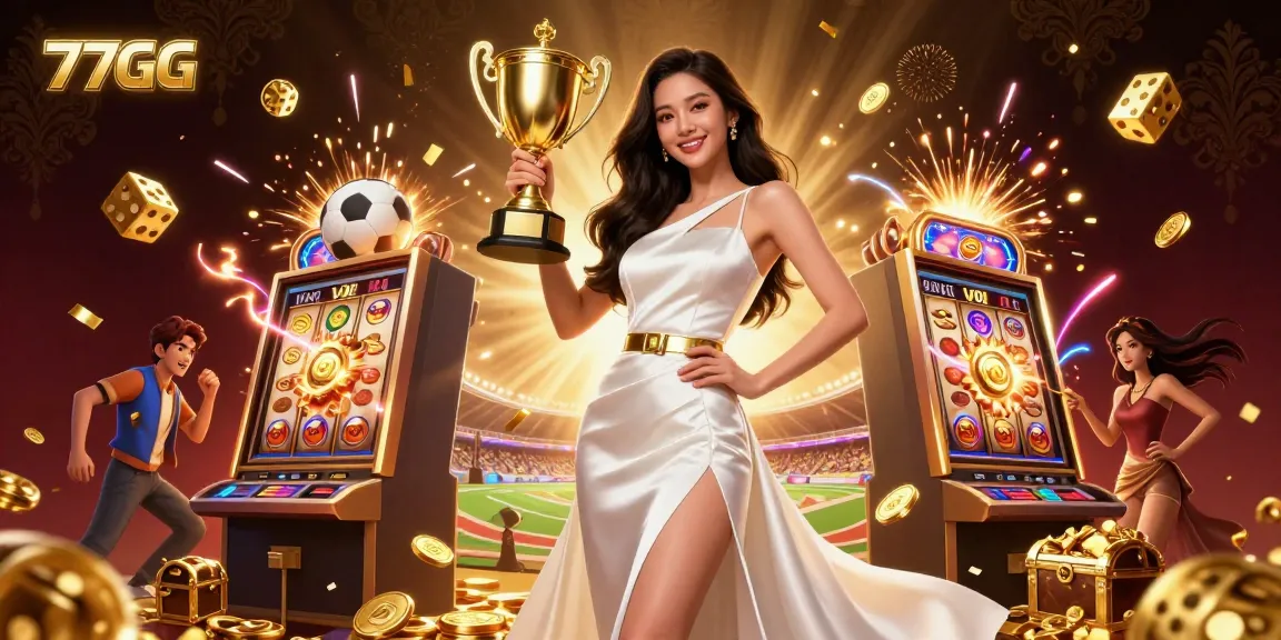 77GG sports betting scene showcasing a confident woman with a trophy among dynamic gambling elements.