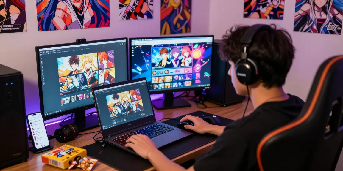 Player engaged in a game ecchi on a laptop, surrounded by vibrant gaming elements.