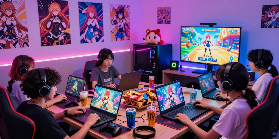 Gamers enjoying femboy hentai games in a vibrant game room filled with anime decor.