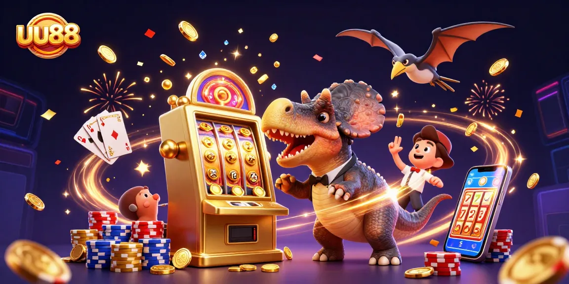 uu88 players winning jackpots with golden coins and vibrant casino elements in a dynamic 3D illustration