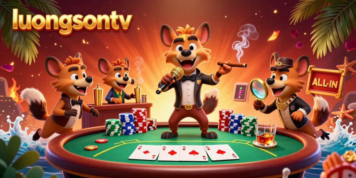 Laugh and win at luongsontv with hyenas enjoying poker in a vibrant casino setting.